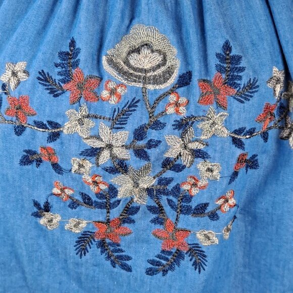 Fig88 Size Small Blue Peasant Blouse Embroidered Floral Tassel Tie Scoop Neck - Picture 3 of 11